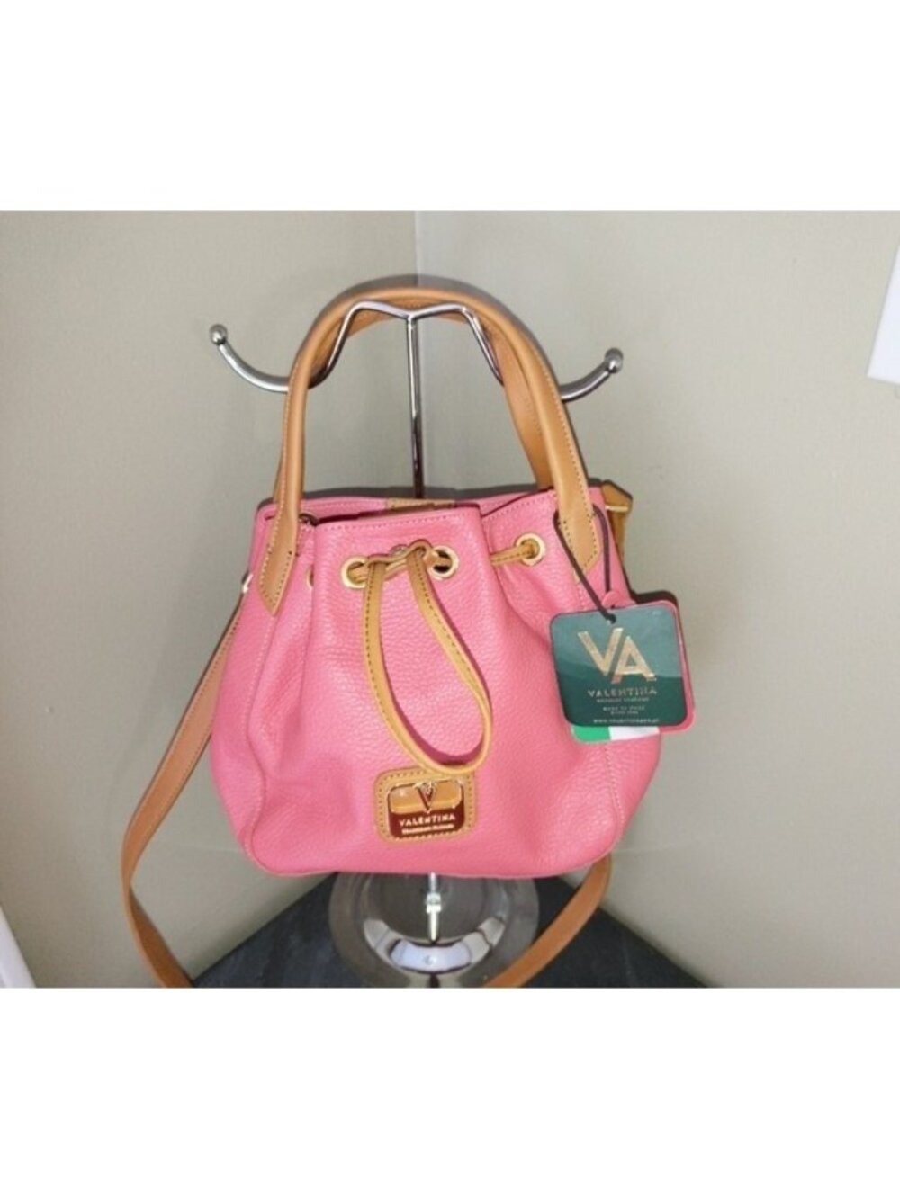New Valentina Pink Coral Italian Leather Bucket Bag Crossbody Drawstring Handbag
